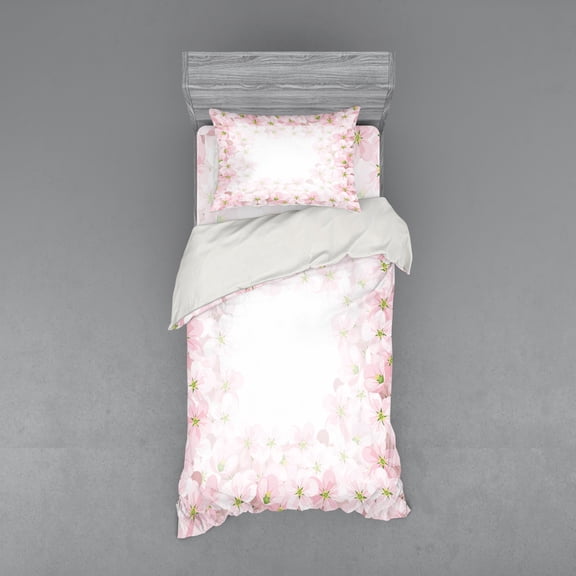 Ambesonne Romantic Bedding Set 3 Pcs, Flower Petals Blooms, Twin, Lime Green Pale Pink