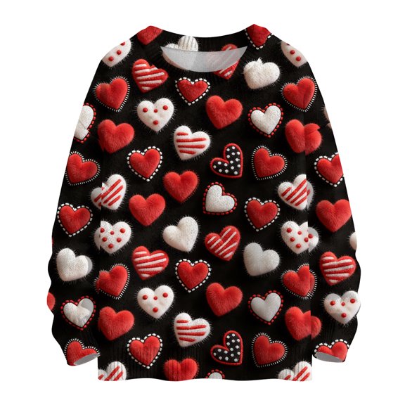 Dwralegc Valentines Sweater for Women Heart Print Fashion Sweater Long Sleeve Crew Neck Lightweight Spring Cute Pullover Sweatershirt Black L