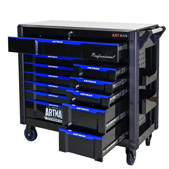NIGSQJB Large Rolling Tool Chest with 12 Drawers, Heavy Duty Steel Tool Storage Cabinet with Iron Workbench Top, Side Box & Lock, Mobile Tool Organizer Tool Cart for Garage, Workshop, Repair Shop