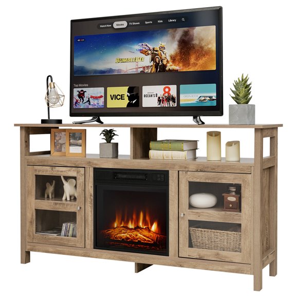 Gymax 58'' Fireplace TV Stand W/18'' 1400W Electric Fireplace up to 65'' Natural
