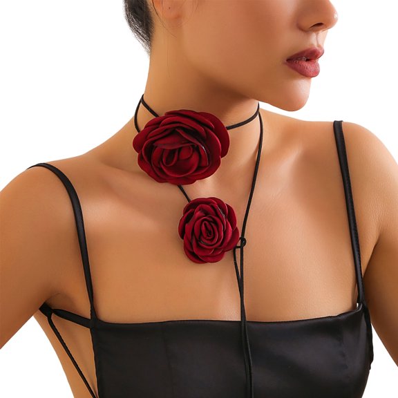 Peiiwdc Exaggerated Punk Rose Flower Clavicle Chain for Women Adjustable Flower Choker Headpiece