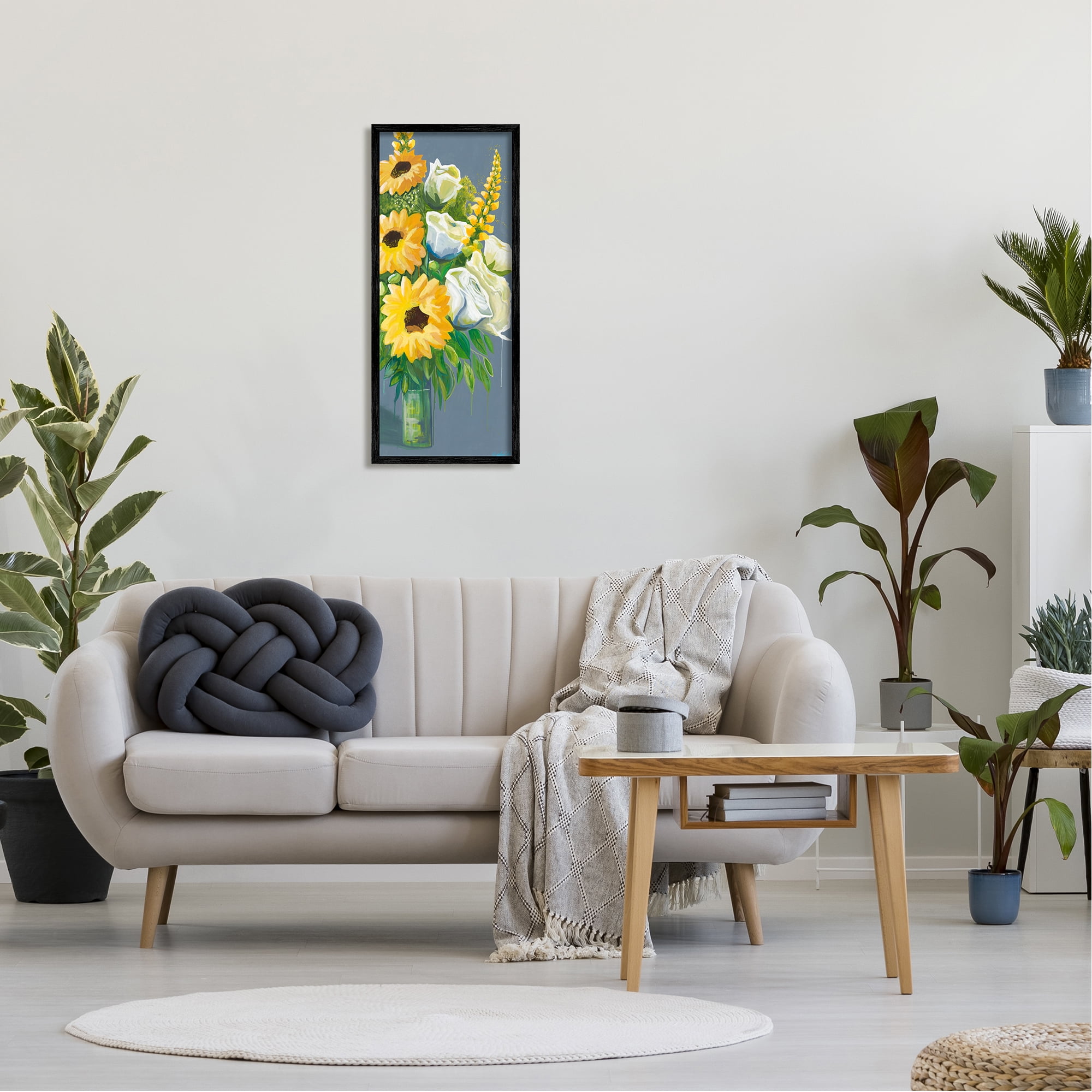 Stupell Industries Sunflowers & White Roses Botanical & Floral Painting Black Framed Art Print Wall Art, 13 x 30