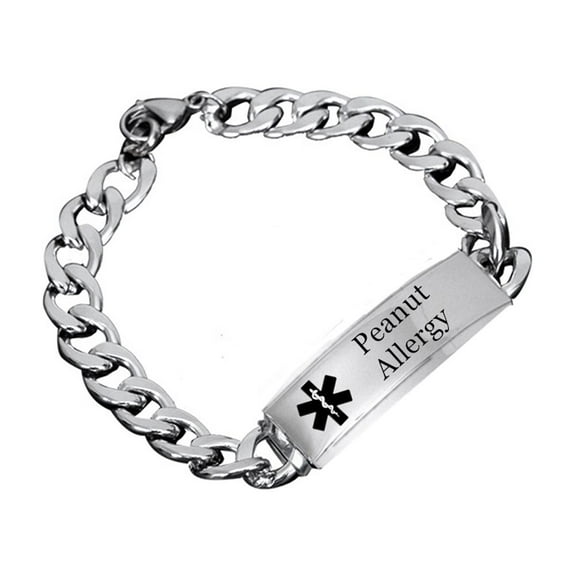 Custom Medical Alert Peanut Allergy Awareness Bracelet Stainless Steel Wrist Cuban Chain for Women Men Personalized ID Nameplate Wristband Medic Allergic Diagnosis Life Saving Jewelry, 8.66''