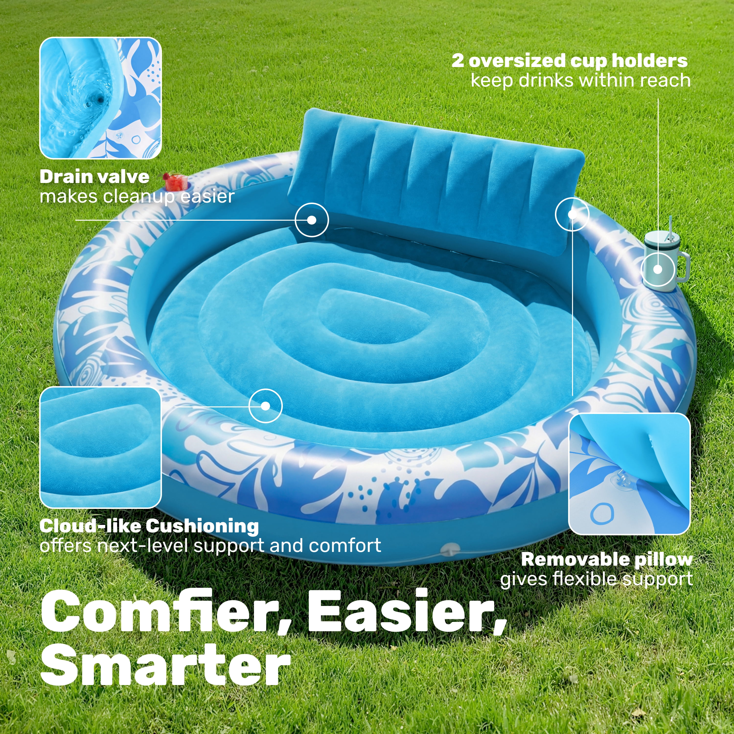 SLOOSH Inflatable Tanning Pool Lounger Float for Adults, 72" x 65" Large Suntan Tub Pool Floats Tanning Bed Blow up Pool Raft Lounge Floatie for Lake, Outdoor, Backyard, Swimming Pool