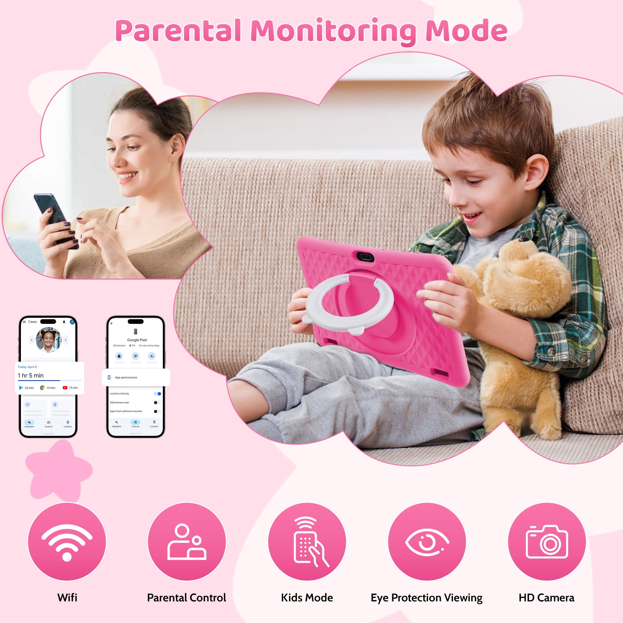 TEAYINGDE Kids Tablet 10.1" Android 13 Tablet 2.4GHz with WiFi 64GB Tablet for Ages 3–8 Kids Tablet with Silicone Case Google Play Parental Control APP （Pink）