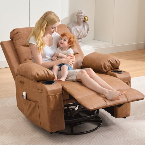 Oversized Leather Recliner Chair with Massage & Heat, 360° Swivel Rocking Glider, Cup Holder, Storage Pockets, Comfortable Accent Single Sofa for Living Room, Bedroom, RV, Home Theater - PU
