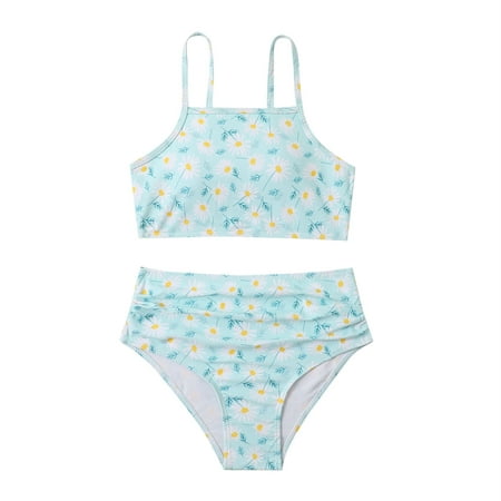 

Toddler Swimsuits For Girls Size 10-11 Years Summer 2-Piece White Floral Print Bikini Set Swimwear Blue Girls Bathing Suits