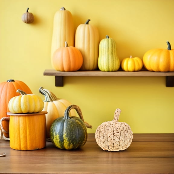 OUNONA Handmade Beige Woven Pumpkin Figurine Straw Decor for Fall Thanksgiving Table Decoration