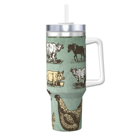 

Uemuo Vintage Farm Animals Print 40oz Ice Bully With Handle And Straw Stainless Steel Vacuum Insulated Cup And 2 In 1 Straw Lid Insulated Travel Tumbler