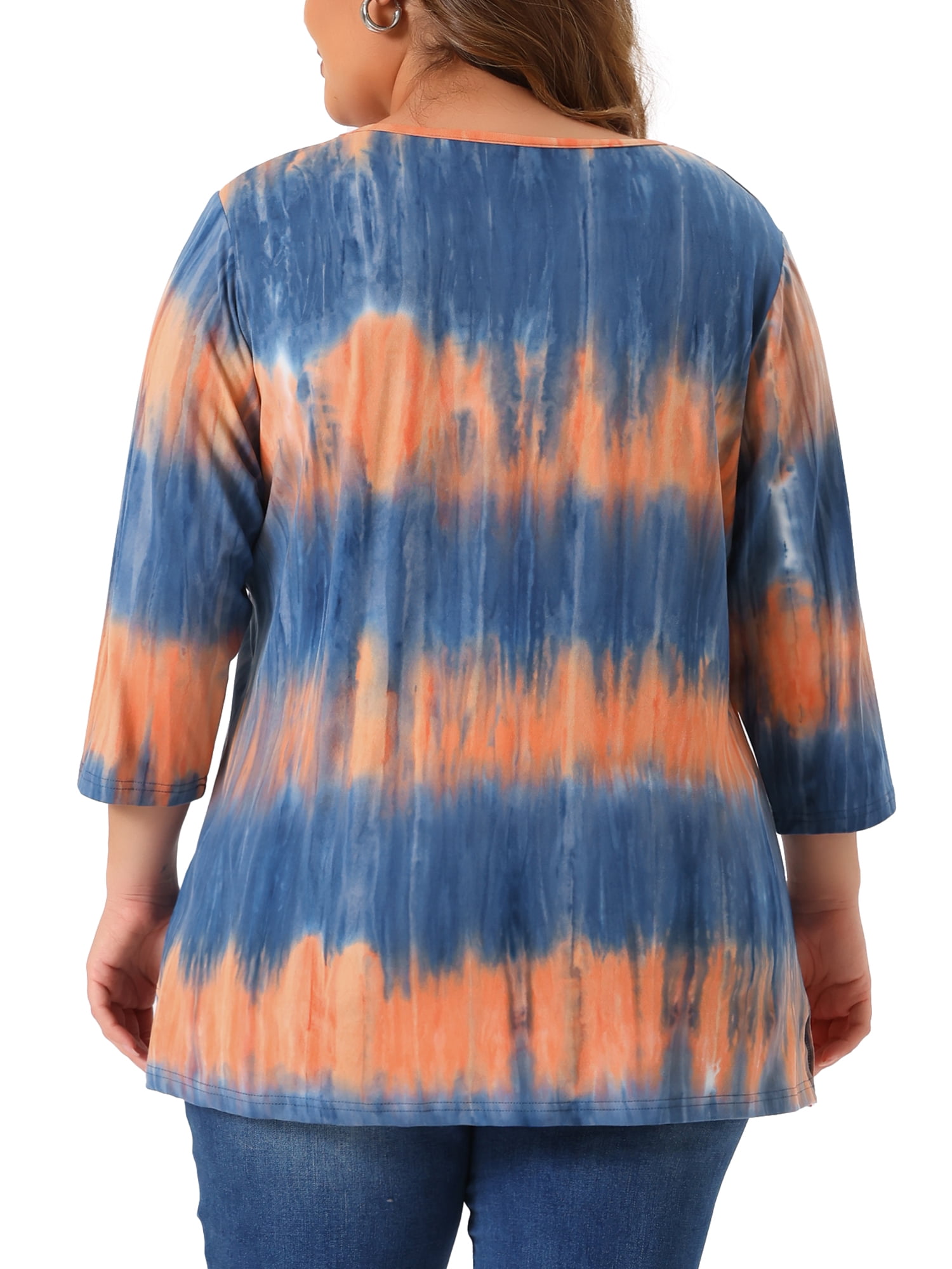 Unique Bargains Women's Plus Size V Neck 3/4 Sleeve Striped Tie Dye Blouse 2X Blue Orange