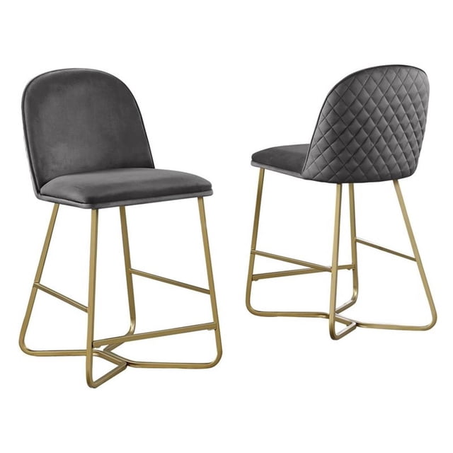 Chaises Hauteur Comptoir à Dossier Matelassé 24 Pouces Ensemble de 2 en Velours Gris Foncé et Base Dorée