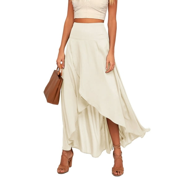 Franhais Women’s High Waist Long Maxi Skirt Casual A-line Fashion Solid Color Stitching Irregular Skirts