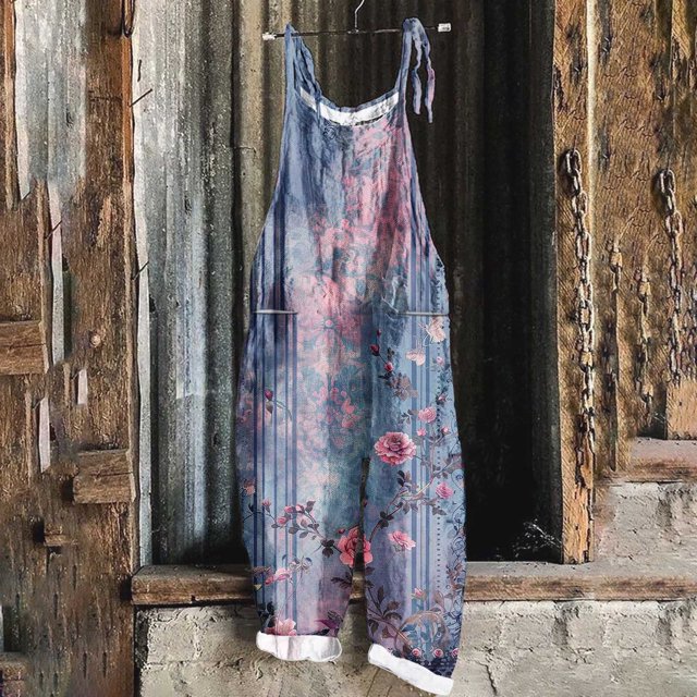 Ladies' Print Sleeveless Two Pocket Casual Overalls Jumpsuit Jumpsuit Pants