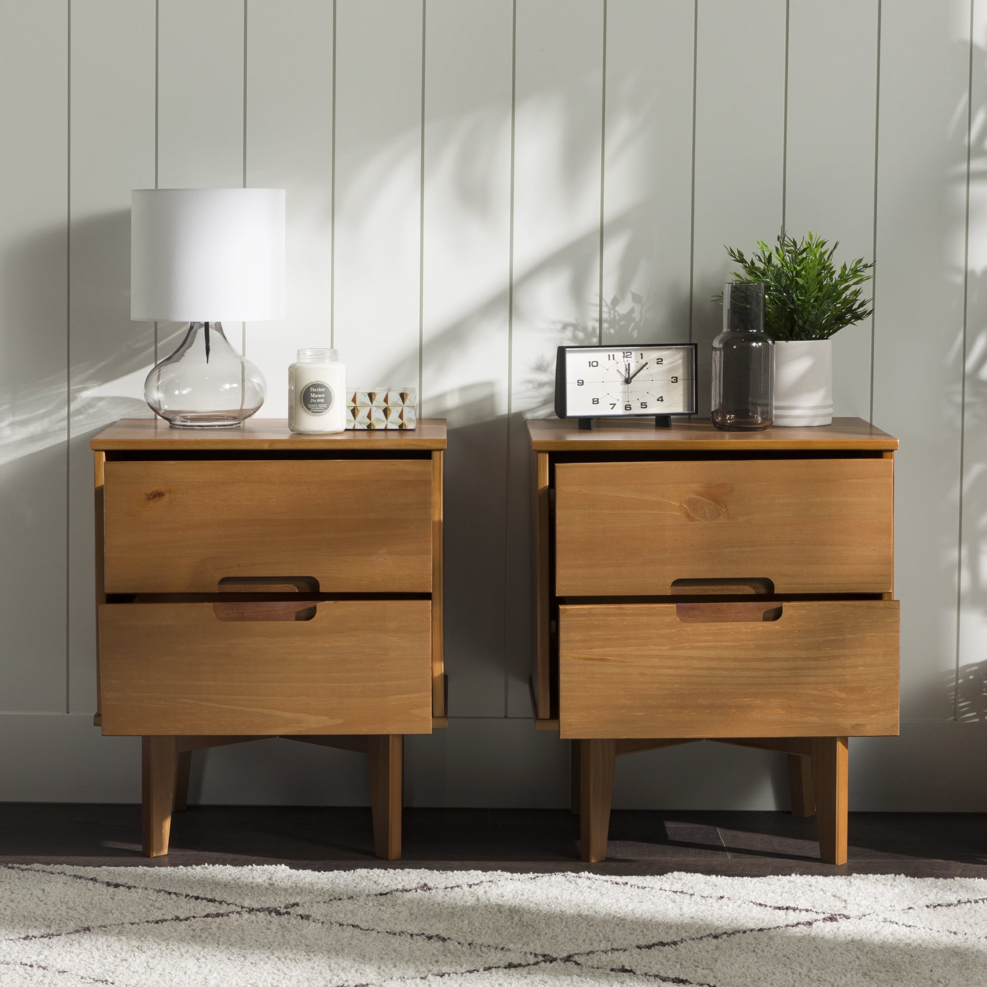 Walker Edison Mid-Century Modern 2-Drawer Solid Wood Nightstands, Caramel, Set of 2