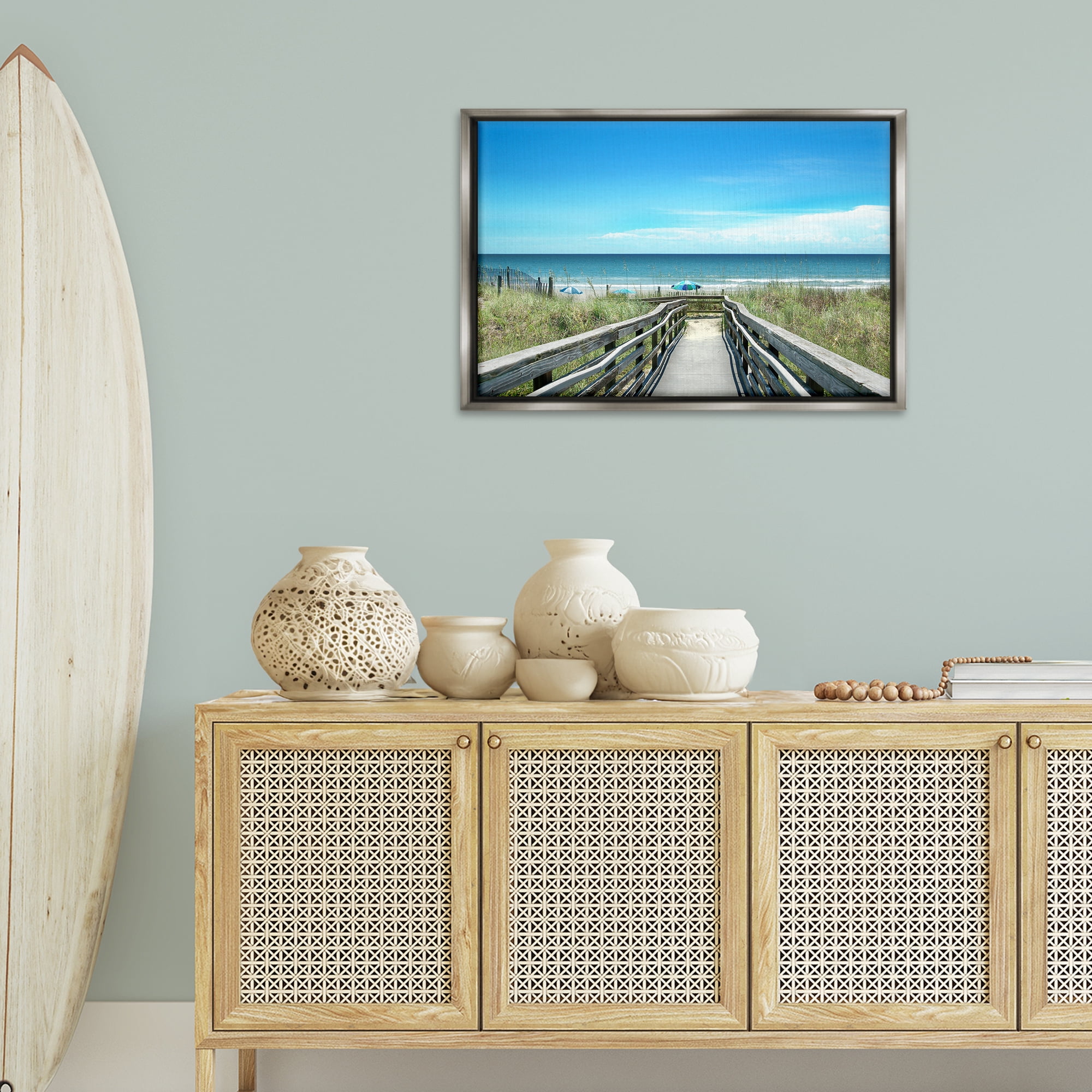 Stupell Industries Bridge to Beach View Landscape Photography Gray Floater Framed Canvas Art Print Wall Art, 31 x 21