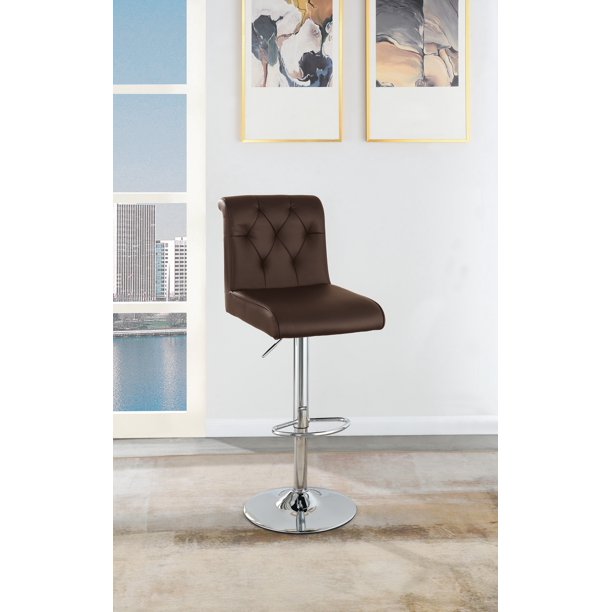 Adjustable Bar stool Gas lift Chair Espresso Faux Leather Tufted Chrome