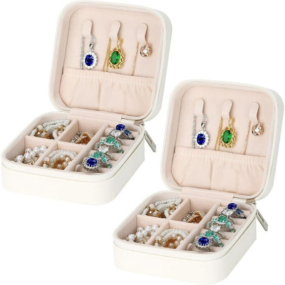 PU Leather Small Jewelry Box, Travel Portable Jewelry Case for Ring, Pendant, Earring, Necklace, Bracelet Organizer Storage Holder Boxes (WHITE-2PCS)