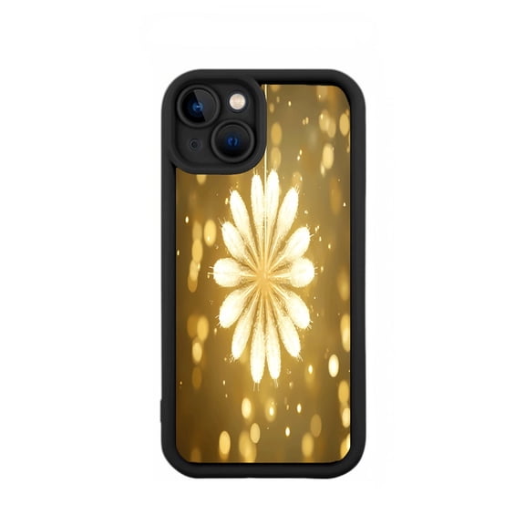 Elegant Floral Pattern iPhone 15 Case - Lightweight Yellowing Resistant Golden Background with Radiant Design & Bokeh Effects Black Border