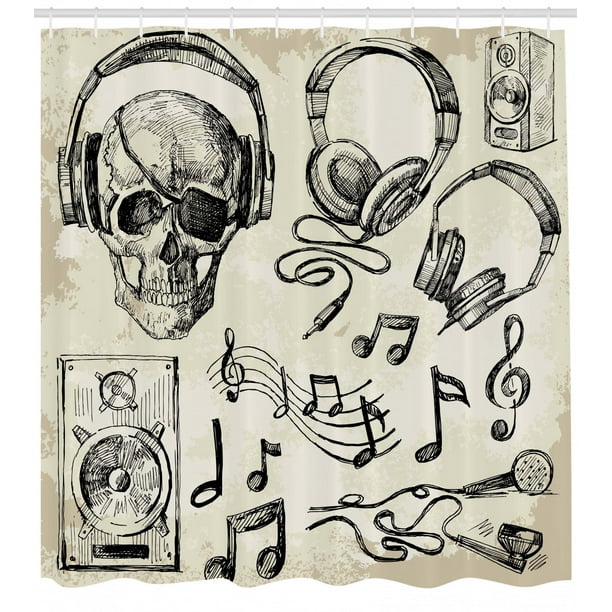Music Shower Curtain Sketchy Background Hipster Skull With Headphones Record Player Mic Speakers Print Fabric Bathroom Set With Hooks Beige Black By Ambesonne Walmart Com Walmart Com