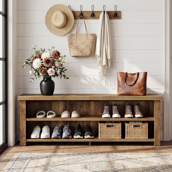 Finmind 55.12" Entryway Bench with Storage, Farmhouse Shoe Storage Bench with 2-Tier Shelves, for Entryway, Hallway, Mudroom, Bedroom, Rustic Brown