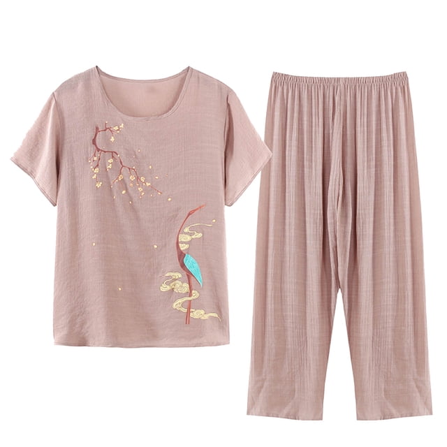 Birdeem Blouses pour Femmes Ensemble Estival Décontracté Imprimé à Manches Courtes Col Rond Haut Pantalon Tailleur Mince Usé Extérieur Tenue d'Intérieur