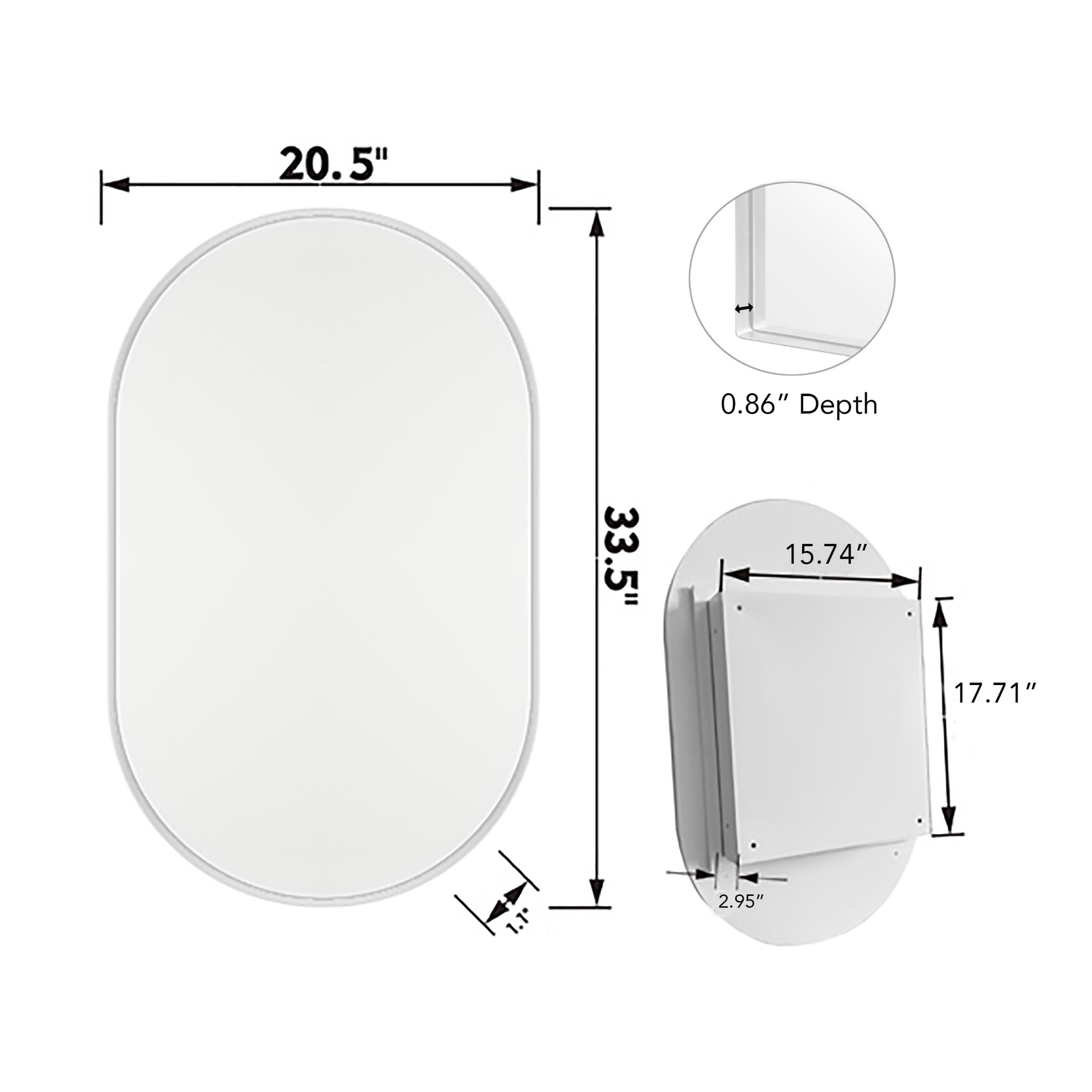 Noble House Oval Recessed Medicine Cabinet, Black Metal Frame Bathroom Mirror with Adjustable Shelves, White