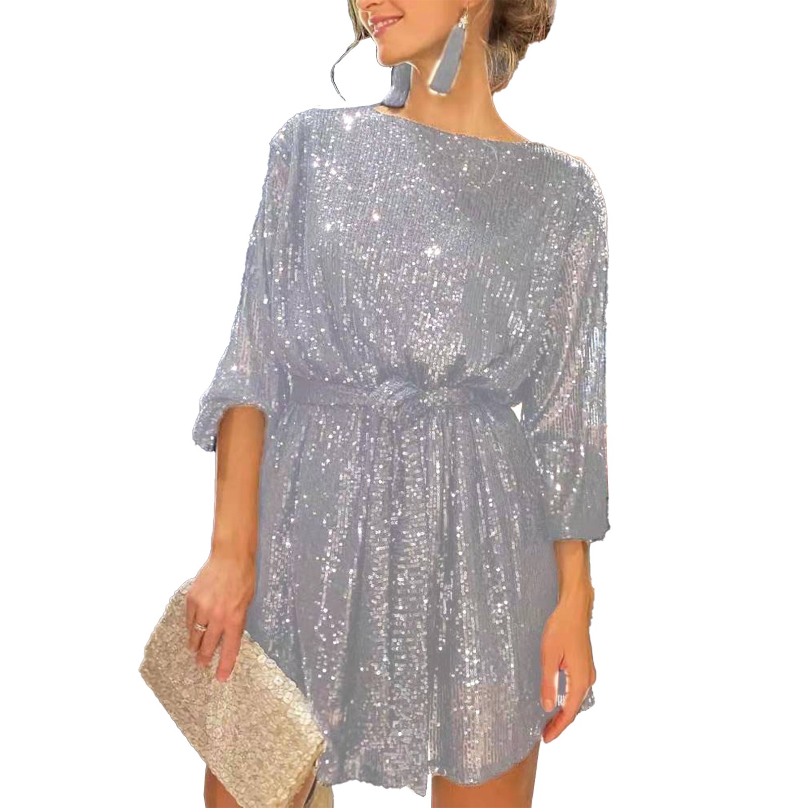 Ruibeauty Women Sequins Glitter Half Sleeve Mini Dress Cocktail Club