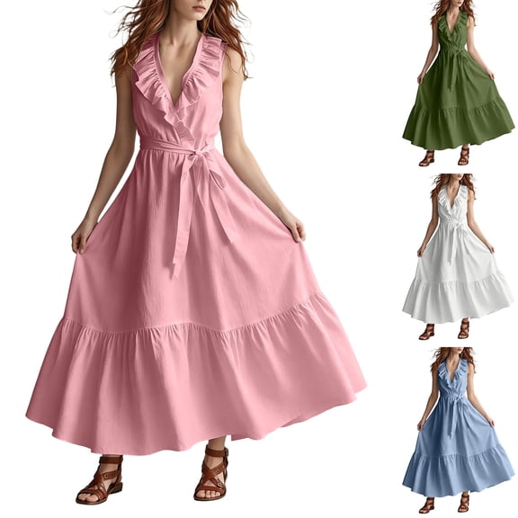 Women's Maxi Dress V Neck Sleeveless Ruffle Trim Tie Waist Tiered Dress Flowy Casual Summer Vacation Sundress Pink S