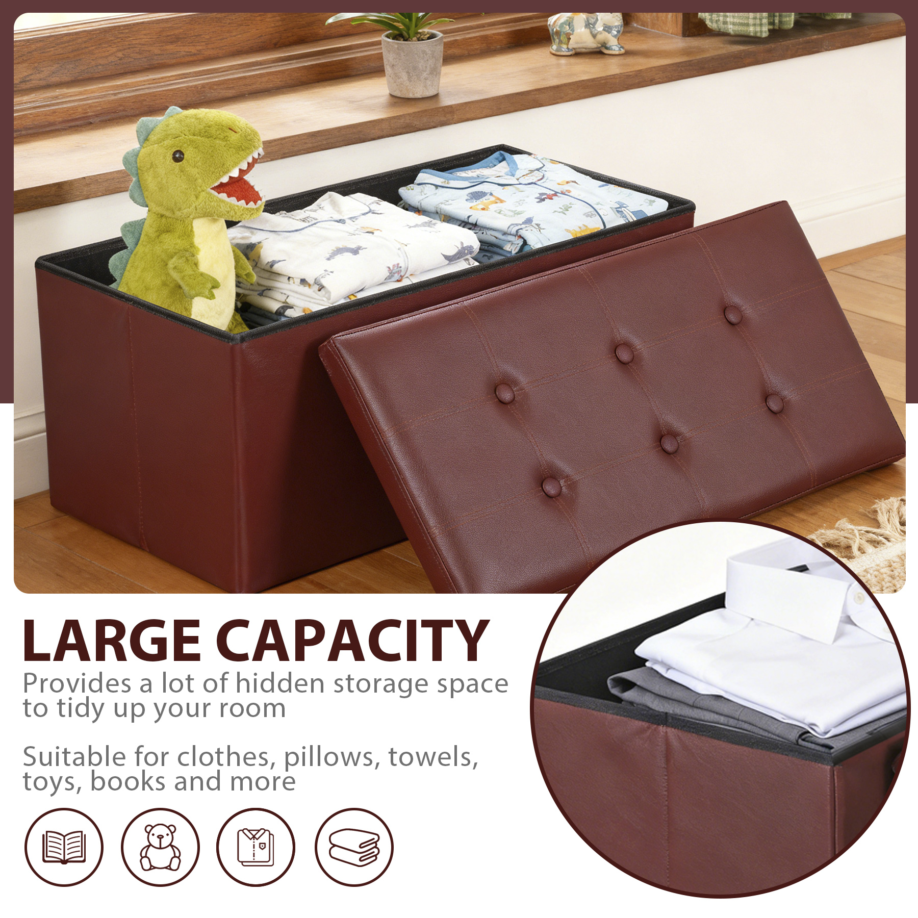 HomGarden 30'' Leather Storage Ottoman Bench Modern Foldable Footrest Padded Seat 350lbs Brown