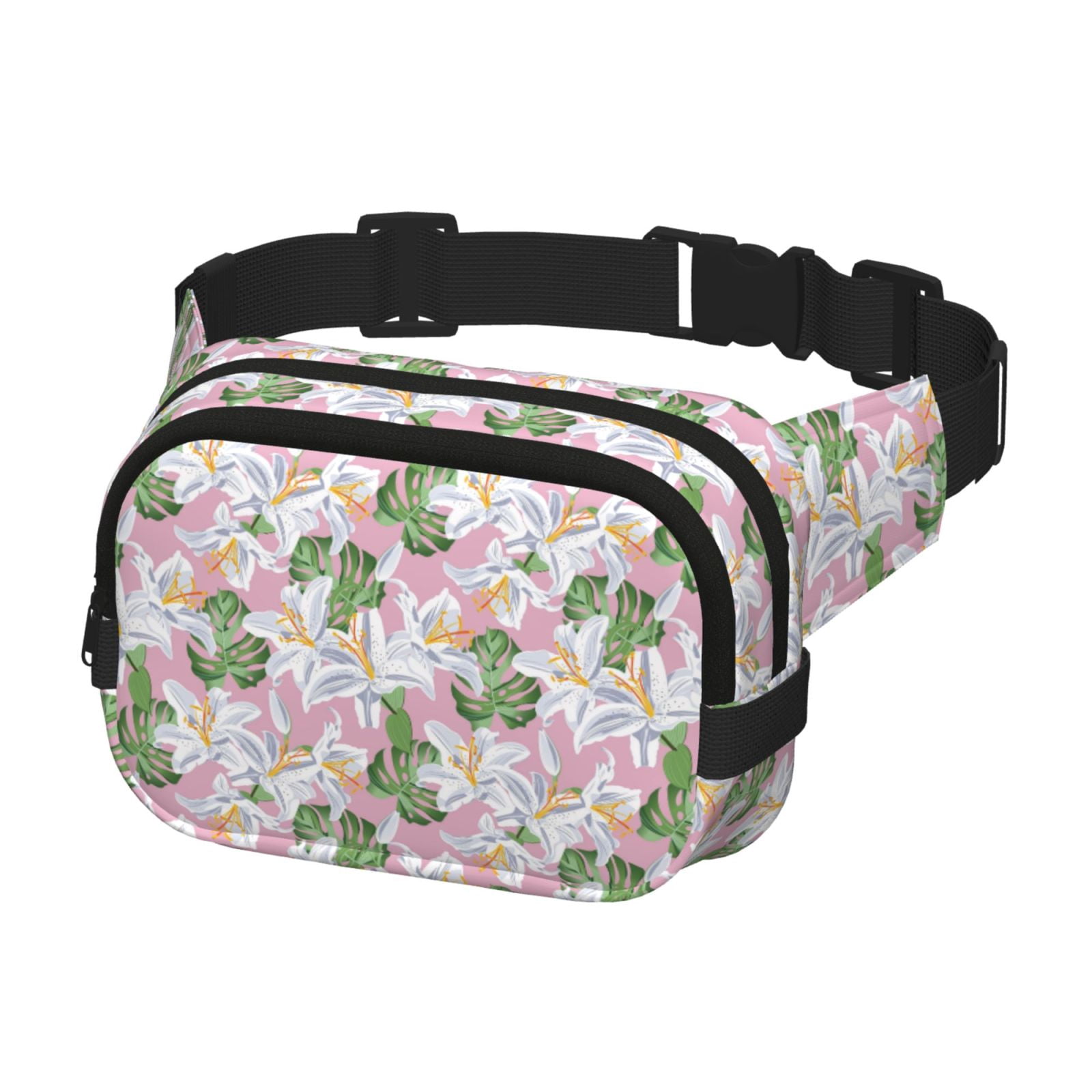 Picia Lilies Flowers Print Square Double-Layer Waist Bag Mini Adjustable Waist Belt Bag Exercise Running Travel Hiking