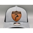 thumbnail image 2 of Idaho State Shield Leather Patch Trucker Hat, Richardson 112 Gray and Black Snapback, Adjustable Mountain Adventure Cap, Unisex Outdoor Gift, 2 of 5