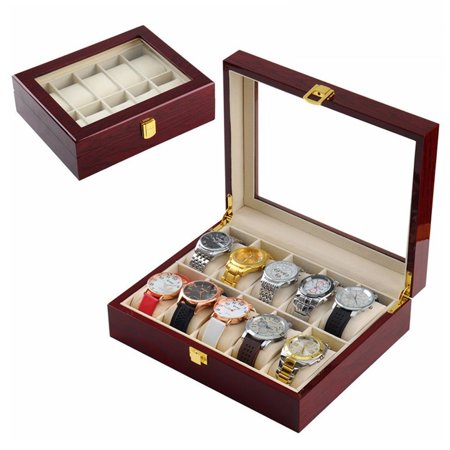 Rosewood Watch Case 10 Slot Wood Watch Display Case Box Glass Top Jewelry Storage Organizer Gift Men (10 slots), Beautiful cherry rosewood case keeps glasses protected and scratch-free;.., By Generic ()