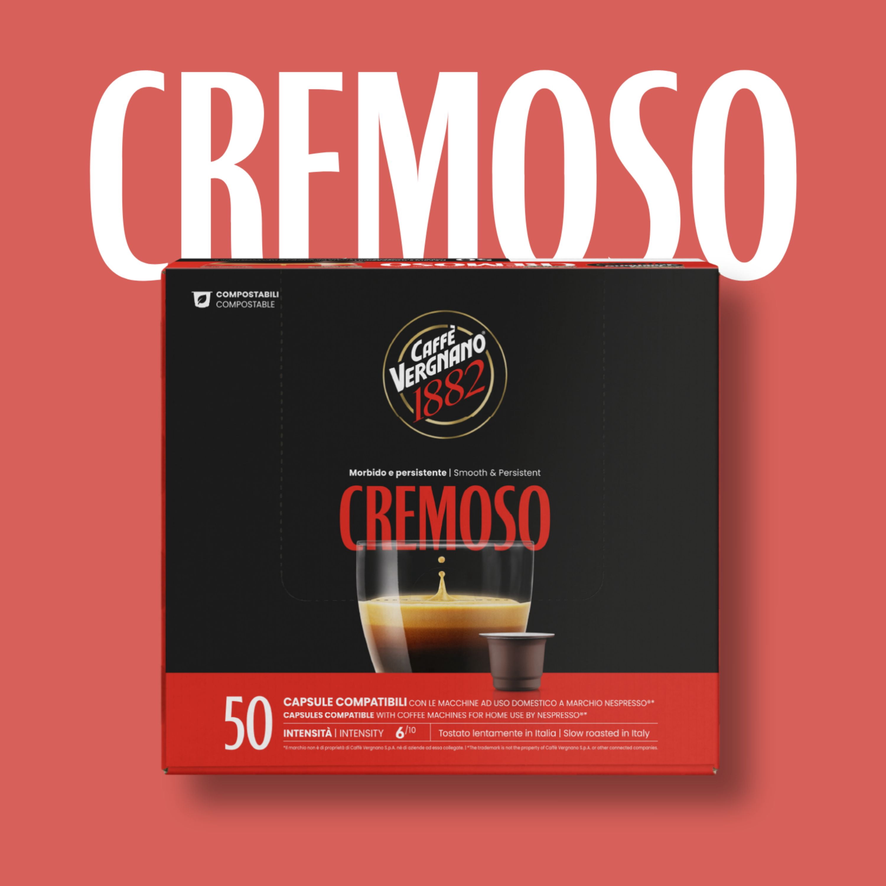 Caffe' Vergnano 1882 Medium Roast Espresso Original Line Machine Compatible Capsules, Arabica Robusta Espresso Coffee, Italian Coffee For Nespresso Coffee Machines, Intensity 6/10, Cremoso, 50 Ct