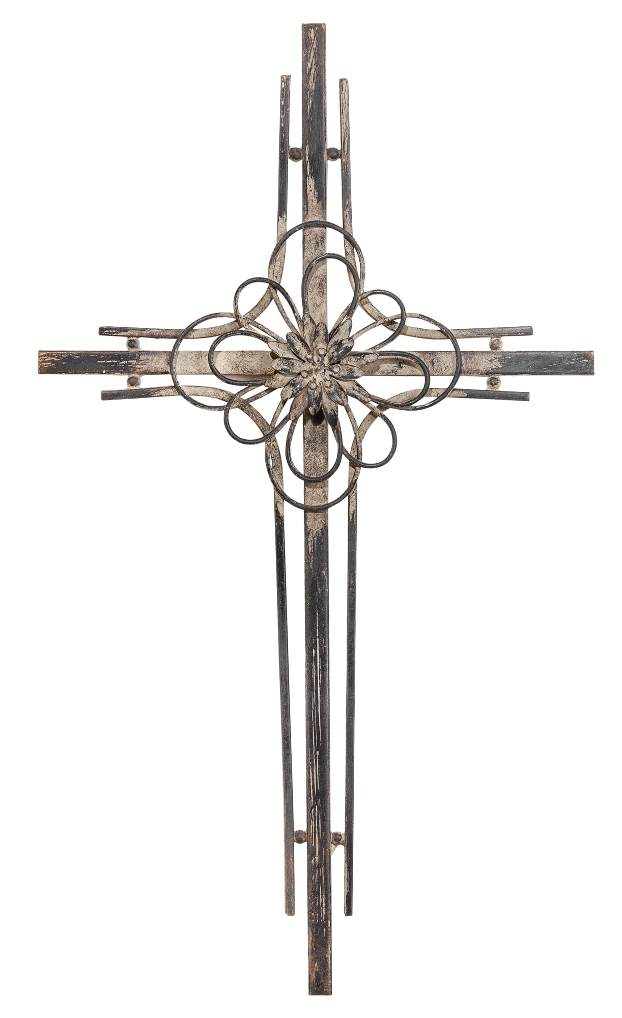 Weathered Whitewash Flower Cross 9 x 16 Metal Decorative Wall Tabletop