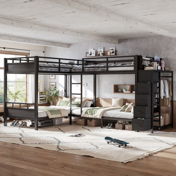 Harper & Bright Designs Twin Size Quad Bunk Bed with Storage Drawers, Metal Bunk Bed Frame with Wardrobe and Open Shelves, Industrial Bunk Bed with Ladder and Guardrail for 4, Black