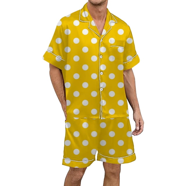 Men's Gradient Multicolored Printed Silk Satin Short Sleeve Button Up Pajama Wear Set for Comfortable Sleep and Relaxation at Home