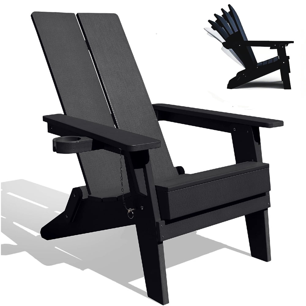 Krikacy Upgraded Morden Adirondack Chair Set of 2 Weather Resistant Outdoor Folding Chairs with Cup Holder HIPS Recyclable Plastic Deck Chair for Porch,Backyard,Poolside,380 LBS,Black