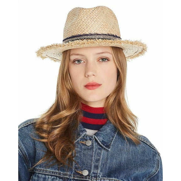Ferrucchio Vecchi Womens Raffia Hand-Woven Trilby Hat W/ Multi-Trim Natural $108