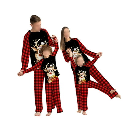 

Beiwei Women Men Kids Casual Elastic Waist Matching Family Pajamas Set Elk Print Xmas Pjs PJ Sets Plaid Holiday Nightwear Red Baby 9
