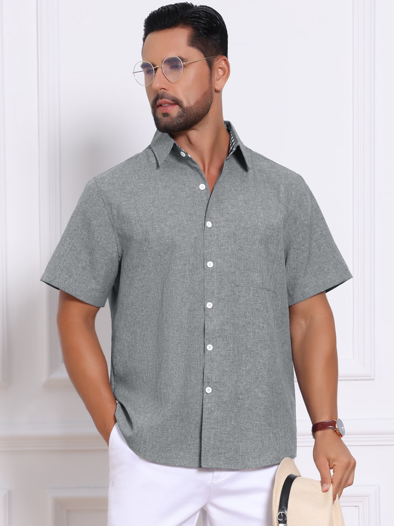 DARING DIVA Men's Plain Linen Short Sleeve Contrast Color Collar Shirts M Gray