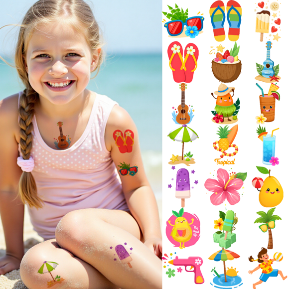 54 Temporary Tattoo Stickers Waterproof Long Lasting Body Stickers Hawaiian Beach Coconut Tree Ice Cream Swim Ring Kids Boys Girls Tattoo Stickers Arm Forearm Shoulder Cheek
