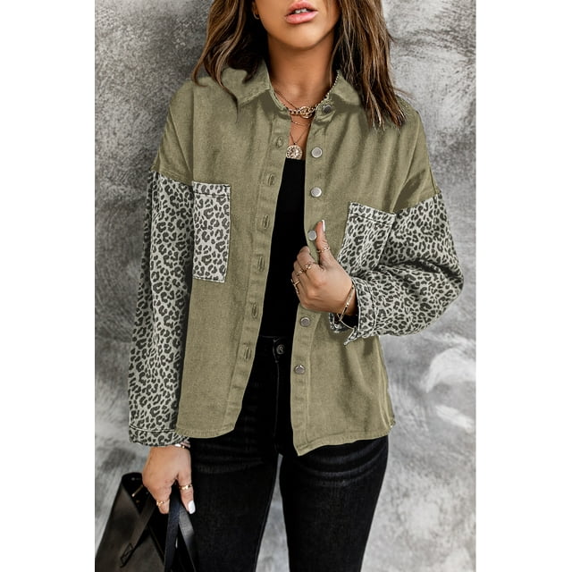 ABPHQTO Chaqueta vaquera de mujer con estampado de leopardo en contraste
