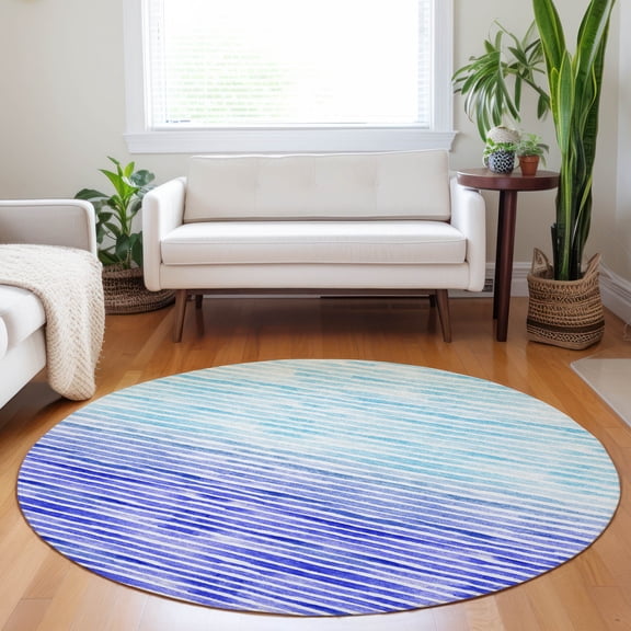 Addison Rugs Mayfield Washable Coastal Stripes Blue Round Rug, 8' x 8'