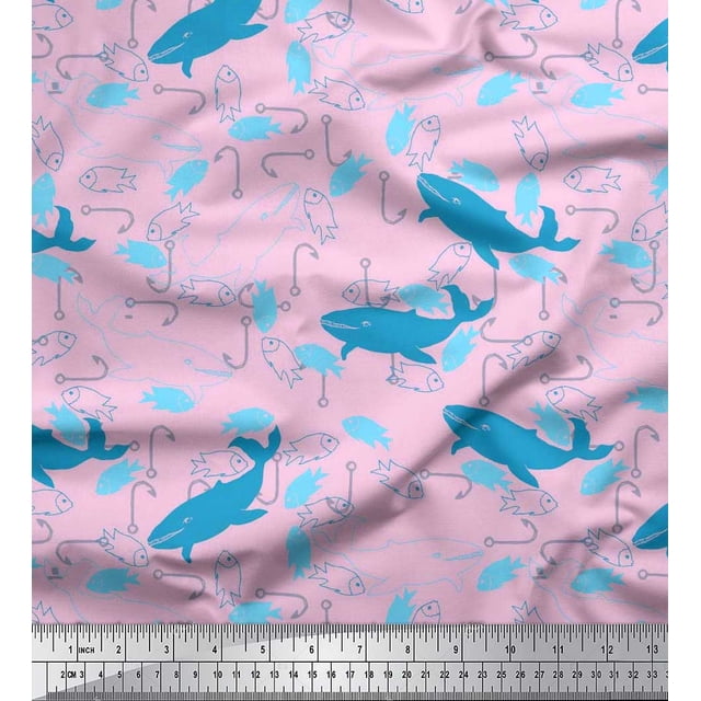 Soimoi Velvet Fabric Fishing Hook,Fish & Whale Ocean Decor Fabric Printed Yard 58 Inch Wide