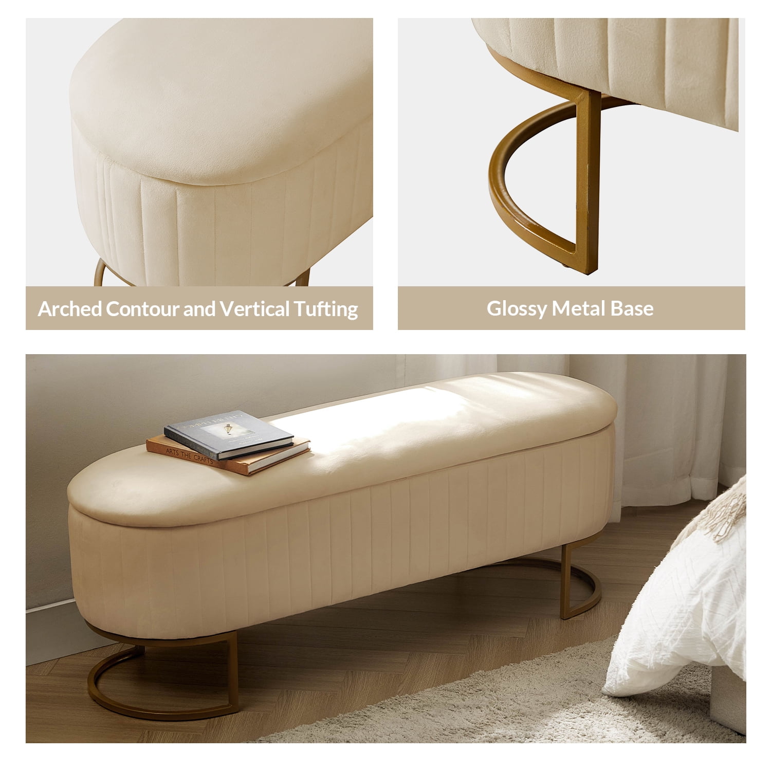 50.5" Upholstered Storage Bench For End of Bed Entryway Bedroom Ottoman Beige
