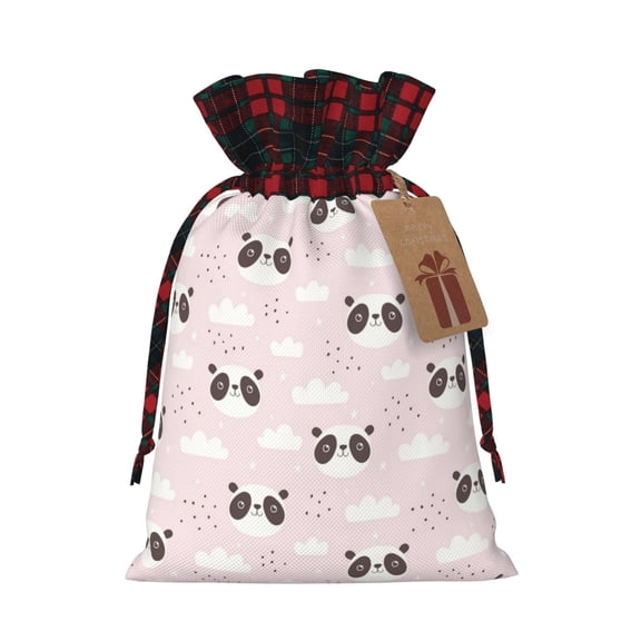 Kdxio Cute Panda Christmas Drawstring Bags Xmas Buffalo Plaid Candy Bags Linen Treat Bags Christmas Gift Bags for Presents-Black