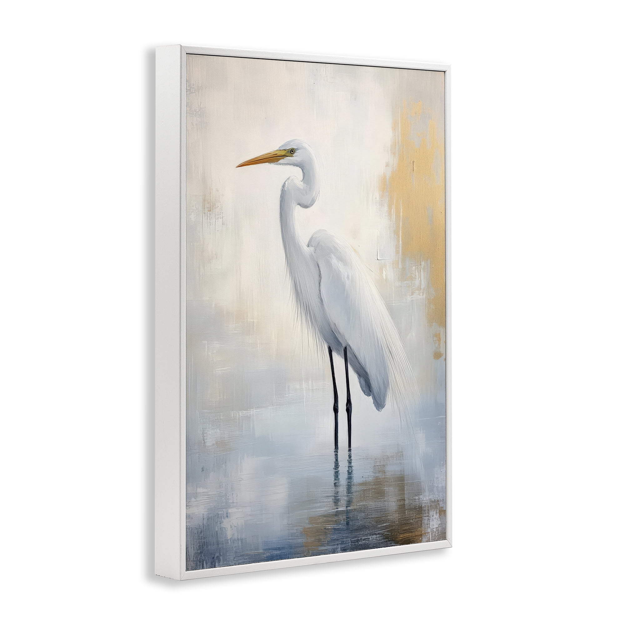 Stupell Industries Distressed Egret with Misty Reflection White Framed Giclee Art, design by Petal Prints Design