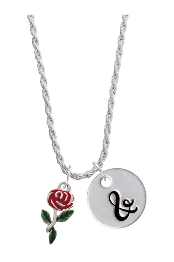Silvertone Red Rose Flower Silvertone Script Initial Disc - & - Charm Necklace, 20"+3"