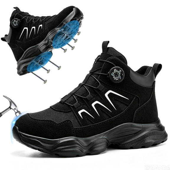 XQJ Steel Toe Boots for Men Industrial Construction Anti-Puncture Work Safety Shoes High Top Safety Protective Shoes Black Lightweight Non-Slip Shoes Size 6.5