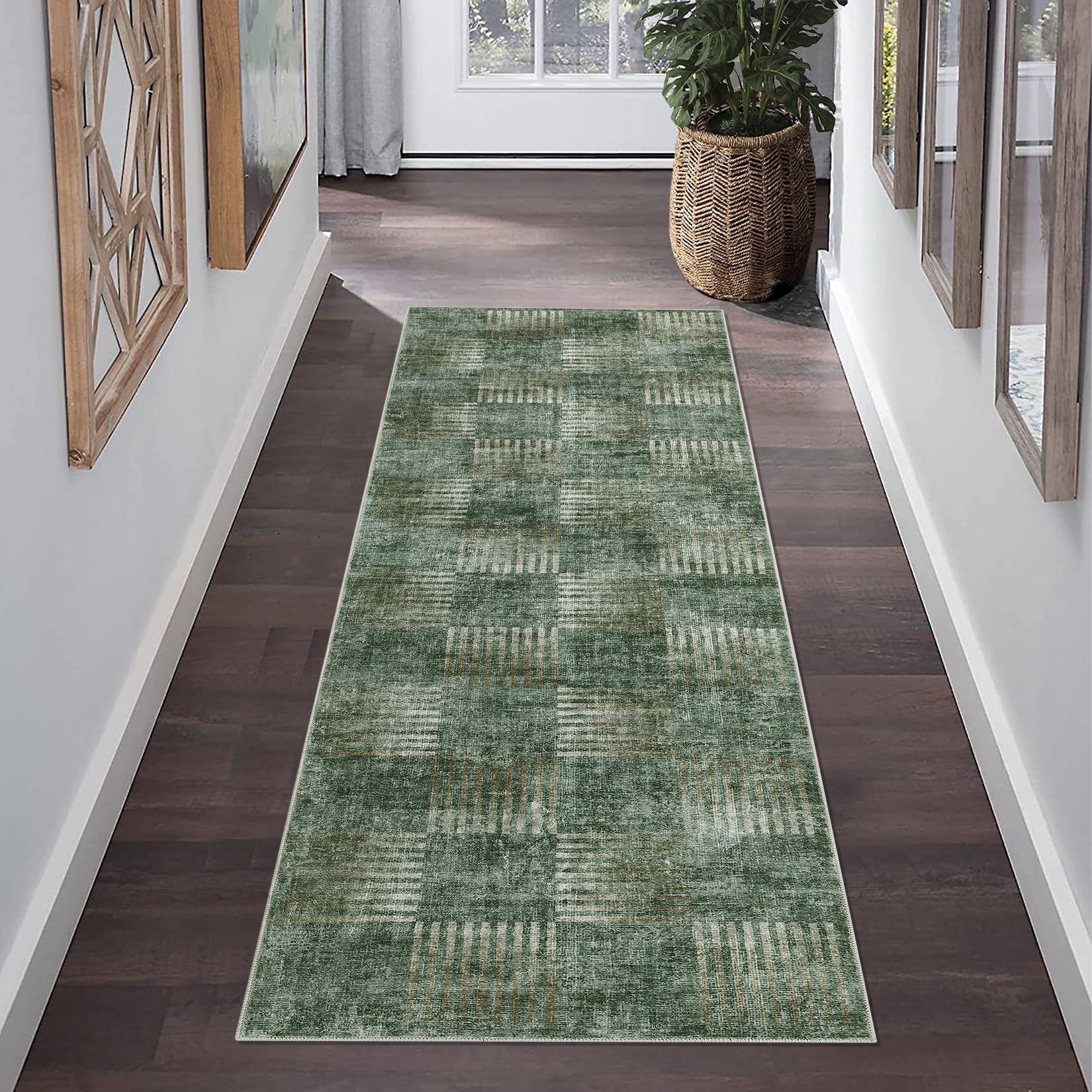 Tzou Modern Washable Runner Rugs 2'x6' for Hallway, Soft Plaid Carpets Non-Slip, for Entryway Kitchen